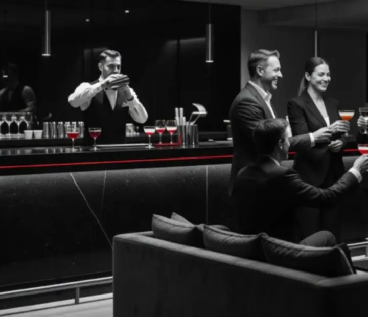 Sötét, elegáns lounge tér céges vendégekkel a Magyoris bárjában