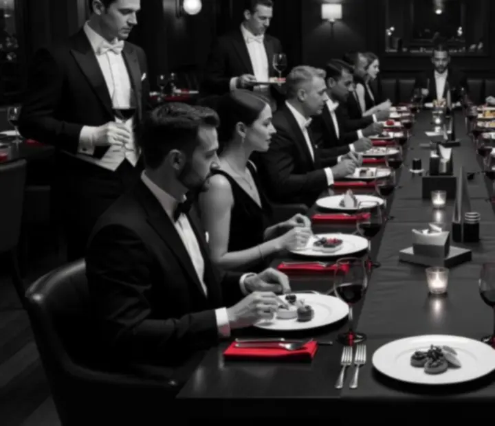Tematikus est fekete-fehér hangulatképe, elegáns asztalterítéssel és lágy fényekkel.