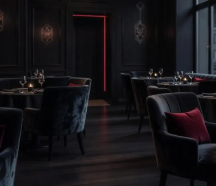 Sötét, elegáns éttermi és lounge enteriőr a Magyorisban