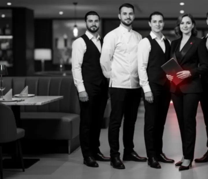 Mosolygó Magyoris csapat tagjai elegáns, sötét enteriőrben